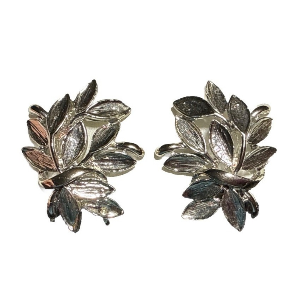 Vintage Silver‎ Tone Leaf Branch Shaped Clip On Earrings J15-17